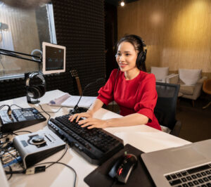 beautiful woman working radio with professional equipment 1