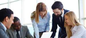 group happy businesspeople having meeting 11