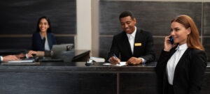 receptionist elegant suit work hours with customer 2