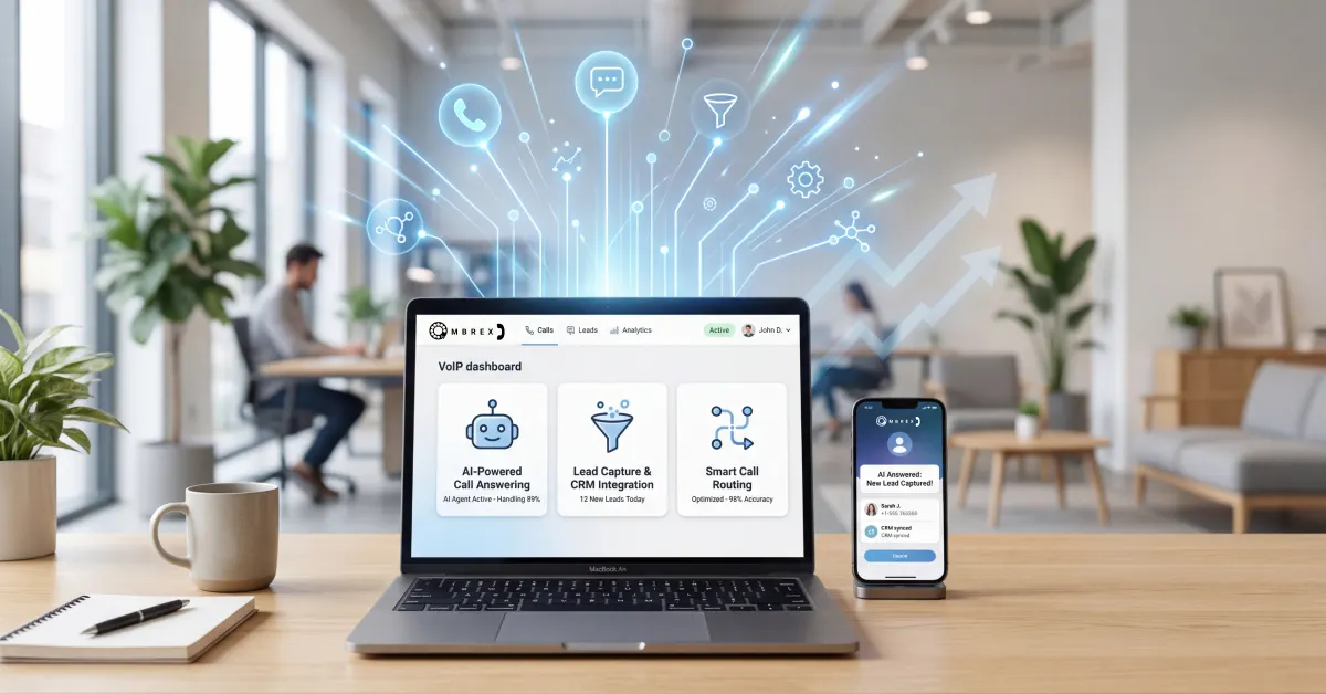 AI-powered VoIP phone system on laptop and mobile, automating business calls and customer interactions in Canada