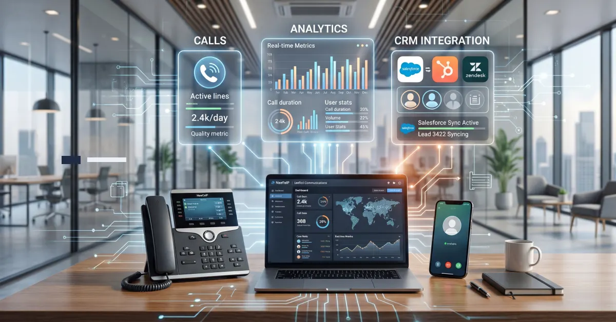 Modern office desk with IP phone, laptop, and analytics dashboard showing VoIP business communication and CRM integration.