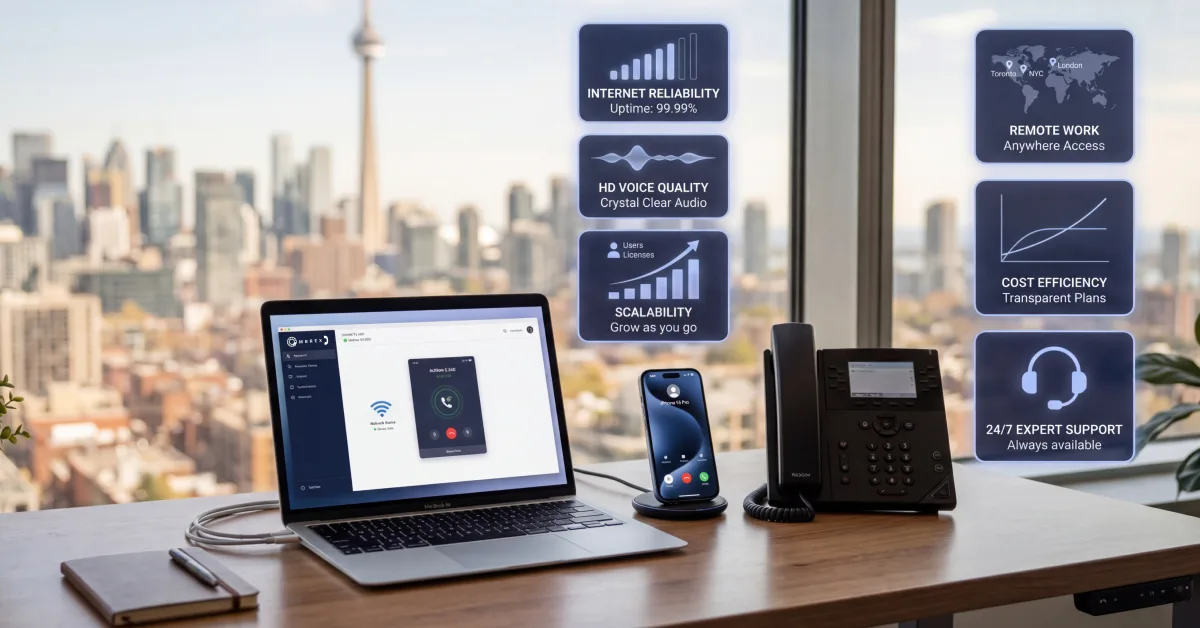 Modern VoIP setup with laptop, desk phone, and mobile showing business communication tools in Canada